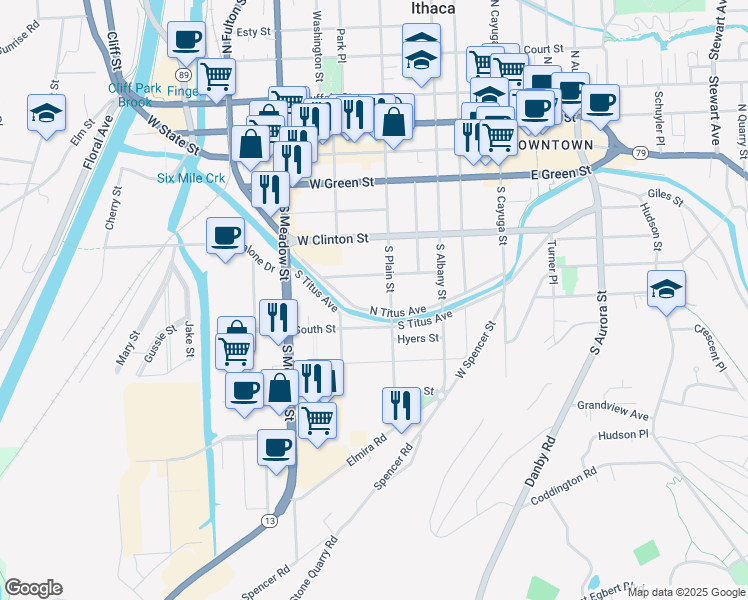 map of restaurants, bars, coffee shops, grocery stores, and more near 414 North Titus Avenue in Ithaca