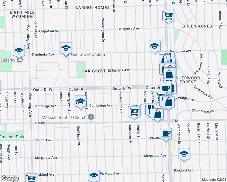 map of restaurants, bars, coffee shops, grocery stores, and more near 3303 Outer Drive West in Detroit