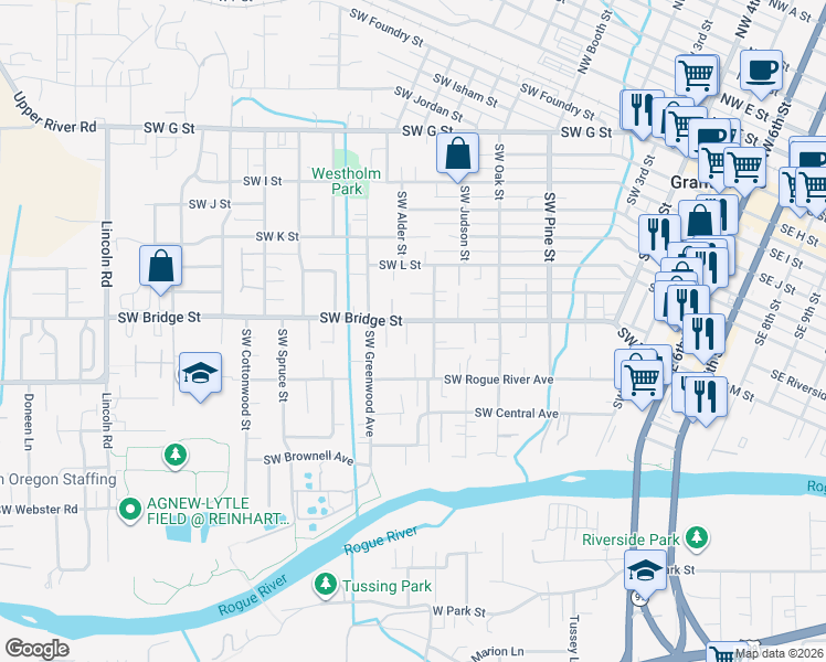 map of restaurants, bars, coffee shops, grocery stores, and more near 1119 Southwest Bridge Street in Grants Pass