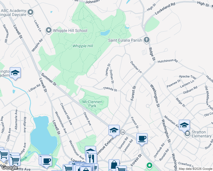 map of restaurants, bars, coffee shops, grocery stores, and more near 76 Thesda Street in Arlington