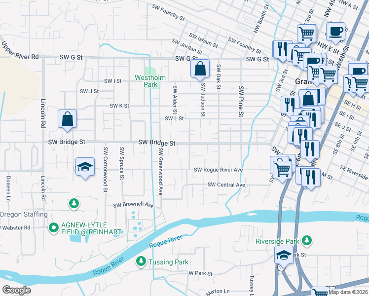 map of restaurants, bars, coffee shops, grocery stores, and more near 1119 Southwest Bridge Street in Grants Pass