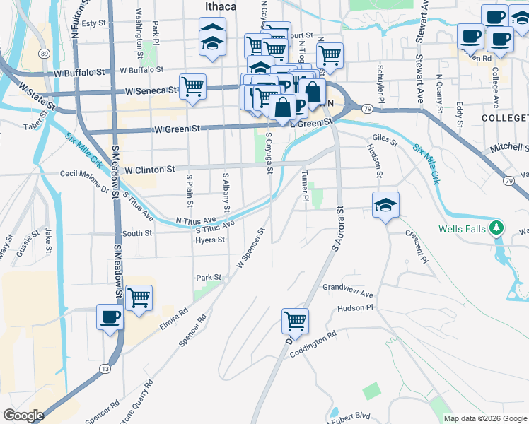 map of restaurants, bars, coffee shops, grocery stores, and more near 107 South Titus Avenue in Ithaca