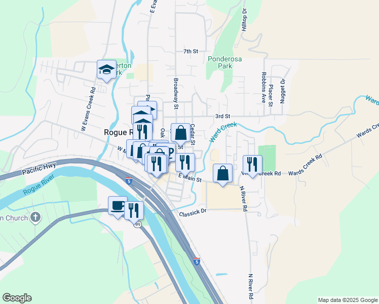 map of restaurants, bars, coffee shops, grocery stores, and more near 145 Cedar Street in Rogue River