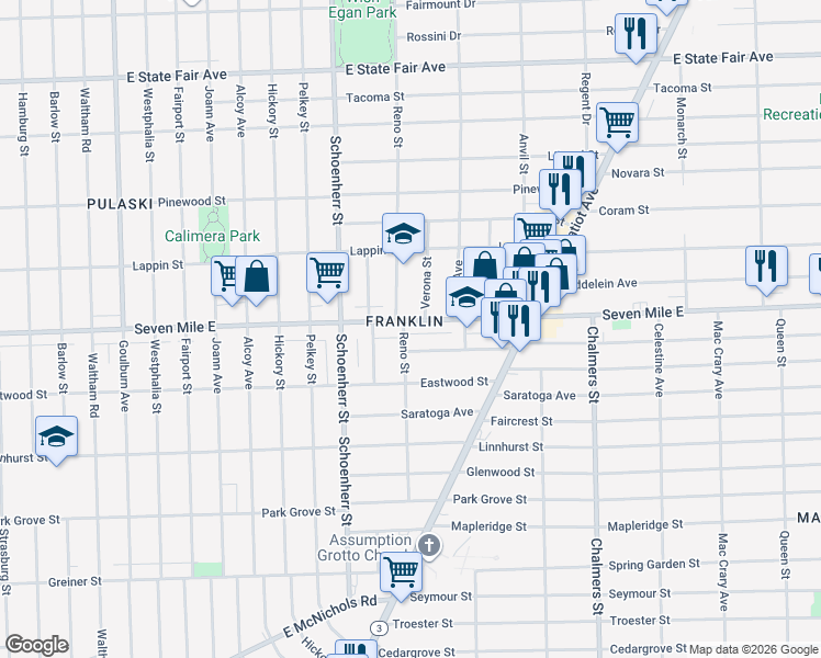 map of restaurants, bars, coffee shops, grocery stores, and more near 13800 Seven Mile East in Detroit