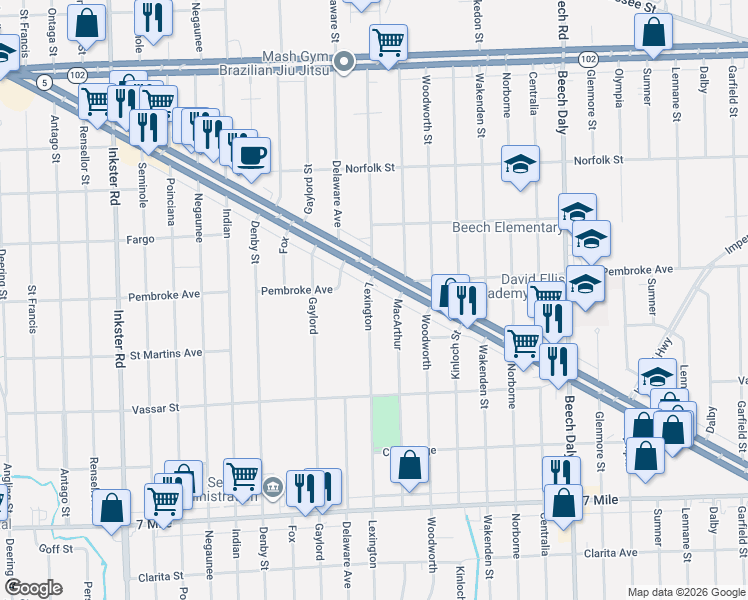 map of restaurants, bars, coffee shops, grocery stores, and more near 19790 Lexington Street in Redford Charter Township