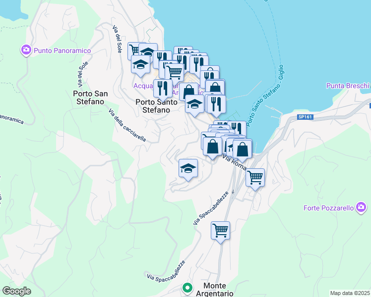 map of restaurants, bars, coffee shops, grocery stores, and more near 25 via appetito alto in Porto Santo Stefano