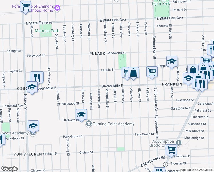 map of restaurants, bars, coffee shops, grocery stores, and more near Westphalia Street in Detroit
