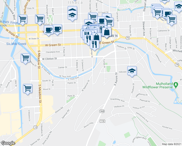 map of restaurants, bars, coffee shops, grocery stores, and more near 402 South Cayuga Street in Ithaca