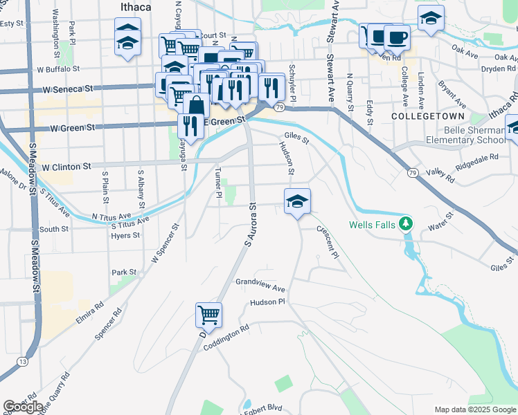 map of restaurants, bars, coffee shops, grocery stores, and more near 601 South Aurora Street in Ithaca