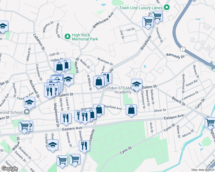 map of restaurants, bars, coffee shops, grocery stores, and more near 960 Salem Street in Malden