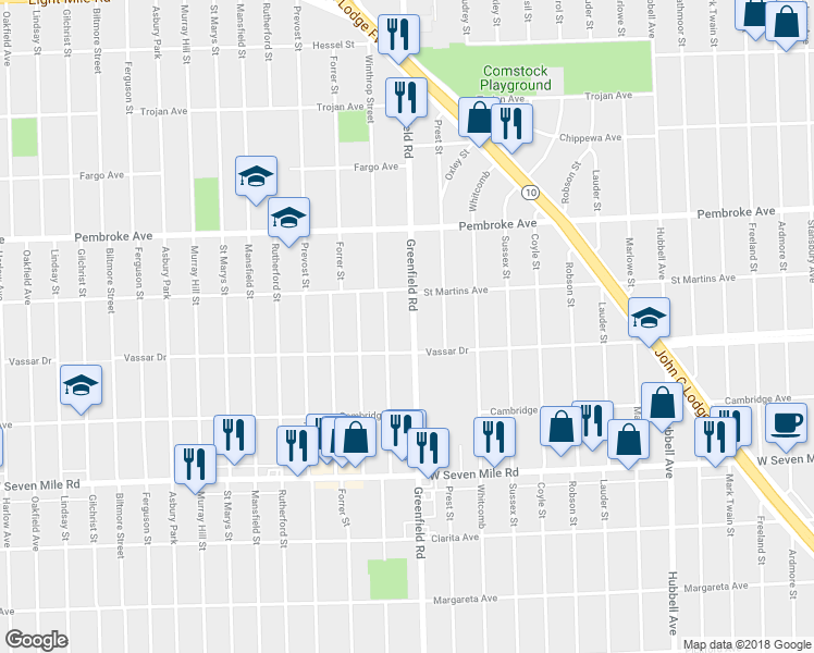 map of restaurants, bars, coffee shops, grocery stores, and more near 19451 Greenfield Road in Detroit