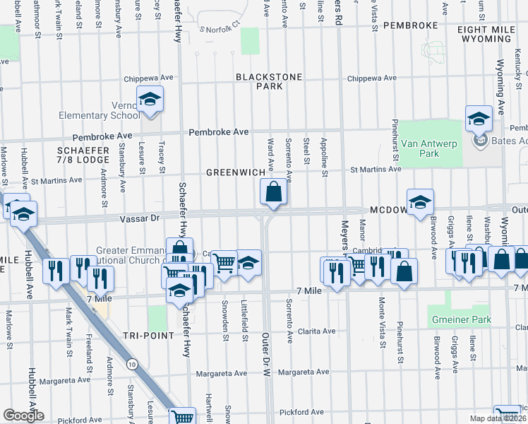 map of restaurants, bars, coffee shops, grocery stores, and more near 4690 Outer Drive West in Detroit