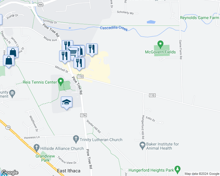 map of restaurants, bars, coffee shops, grocery stores, and more near 1027 Ellis Hollow Road in Ithaca