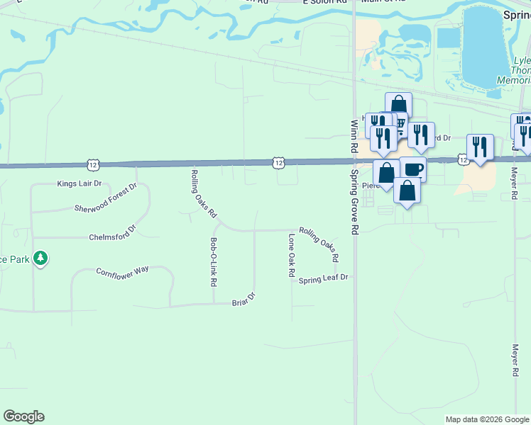 map of restaurants, bars, coffee shops, grocery stores, and more near 7410 Briar Court in Spring Grove