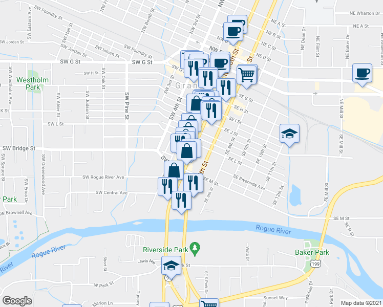 map of restaurants, bars, coffee shops, grocery stores, and more near Southeast 6th Street in Grants Pass