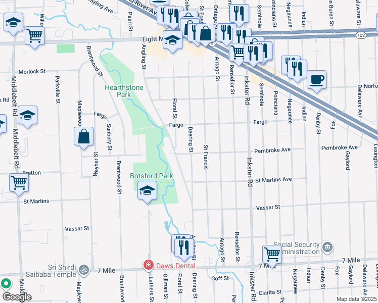 map of restaurants, bars, coffee shops, grocery stores, and more near 19921 Deering Street in Livonia
