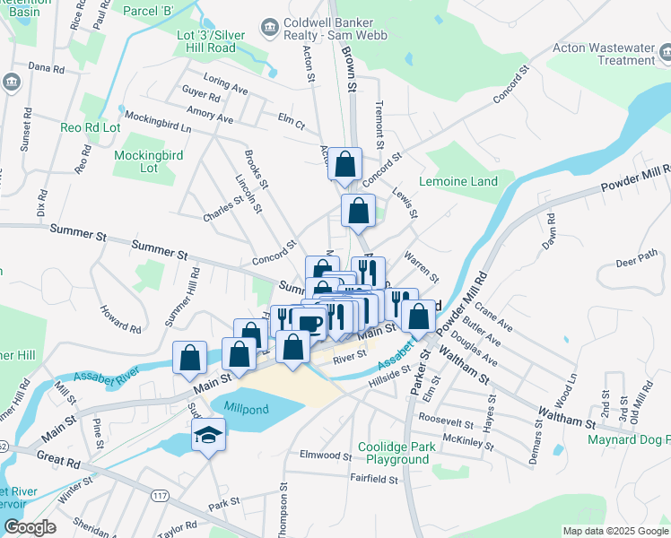 map of restaurants, bars, coffee shops, grocery stores, and more near 7 Maple Street in Maynard
