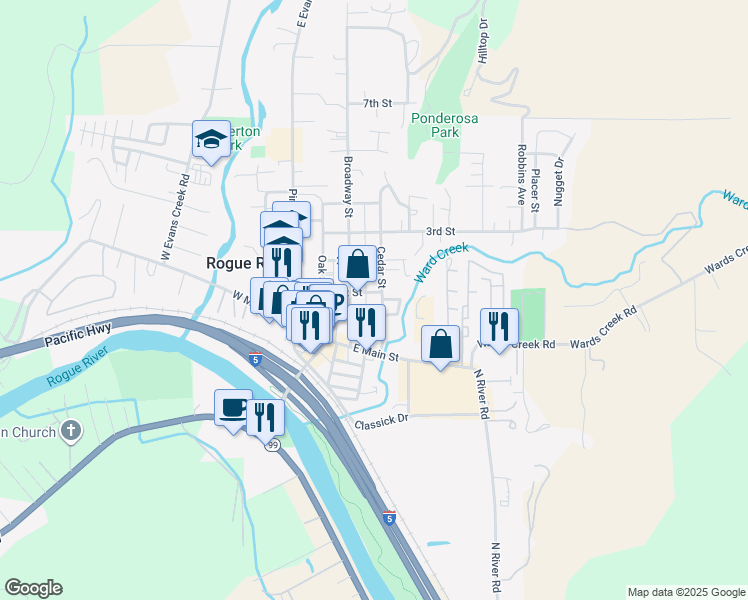 map of restaurants, bars, coffee shops, grocery stores, and more near 145 Cedar Street in Rogue River