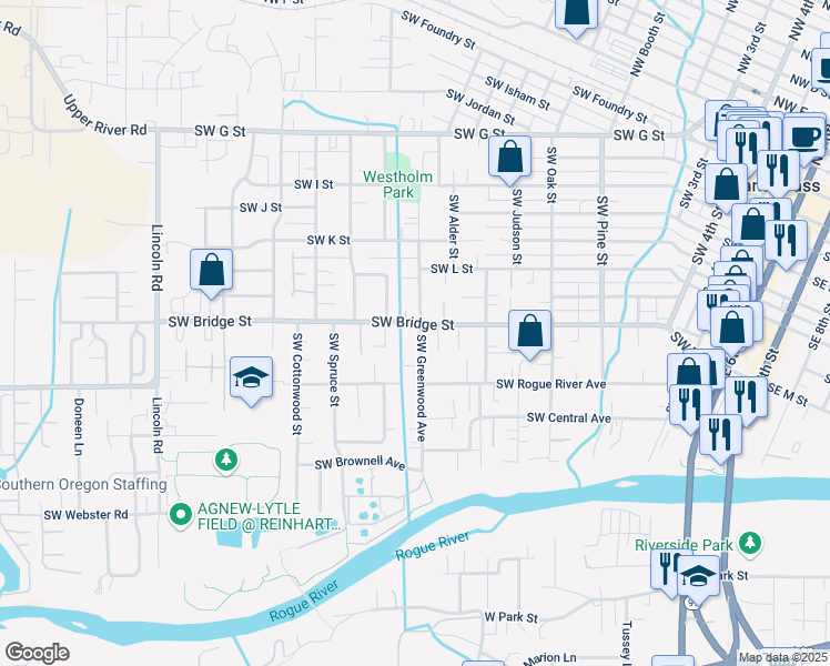 map of restaurants, bars, coffee shops, grocery stores, and more near 1403 Southwest Bridge Street in Grants Pass