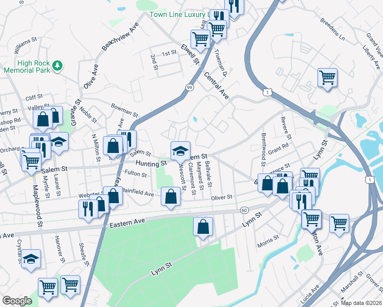 map of restaurants, bars, coffee shops, grocery stores, and more near 1120 Salem Street in Malden
