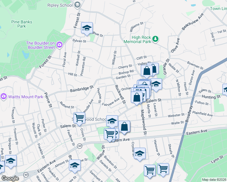 map of restaurants, bars, coffee shops, grocery stores, and more near 43 Mount Washington Avenue in Malden