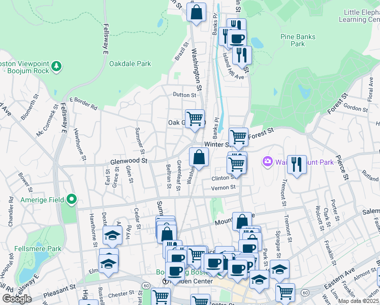 map of restaurants, bars, coffee shops, grocery stores, and more near 235 Washington Street in Malden