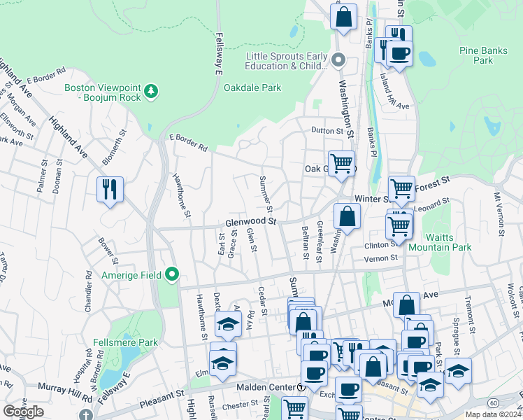 map of restaurants, bars, coffee shops, grocery stores, and more near 243 Summer Street in Malden