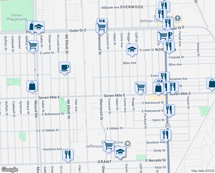 map of restaurants, bars, coffee shops, grocery stores, and more near 19180 Concord Street in Detroit
