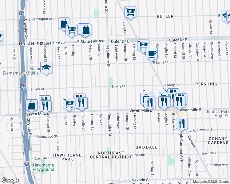 map of restaurants, bars, coffee shops, grocery stores, and more near 19249 Saint Aubin Street in Detroit