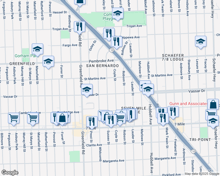 map of restaurants, bars, coffee shops, grocery stores, and more near 19452 Sussex Street in Detroit