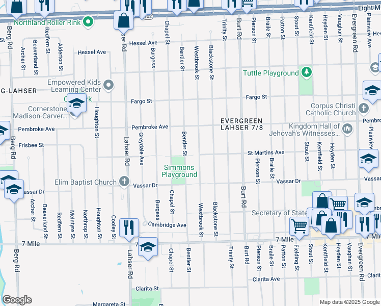 map of restaurants, bars, coffee shops, grocery stores, and more near 19721 Westbrook Street in Detroit