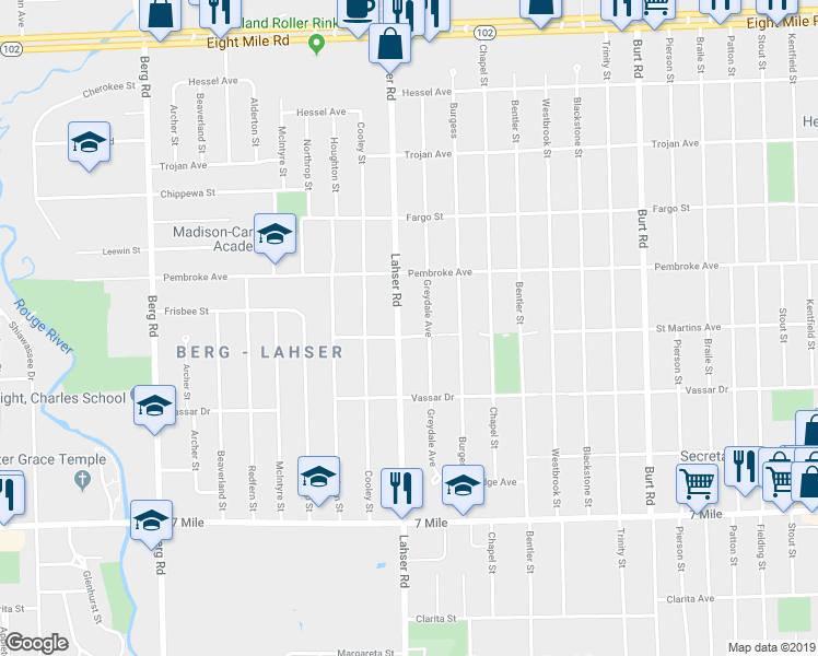 map of restaurants, bars, coffee shops, grocery stores, and more near 19727 Greydale Avenue in Detroit