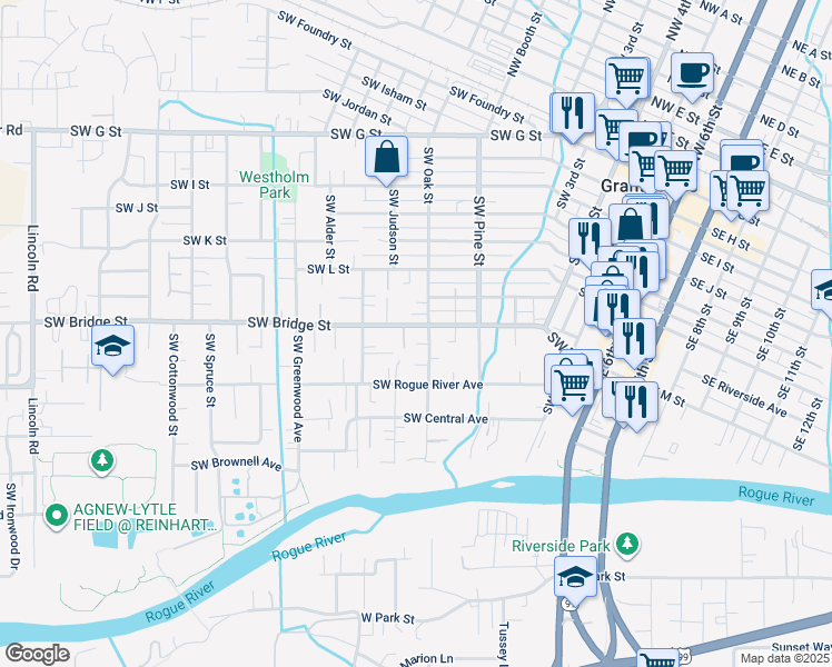 map of restaurants, bars, coffee shops, grocery stores, and more near 909 SW Bridge St in Grants Pass