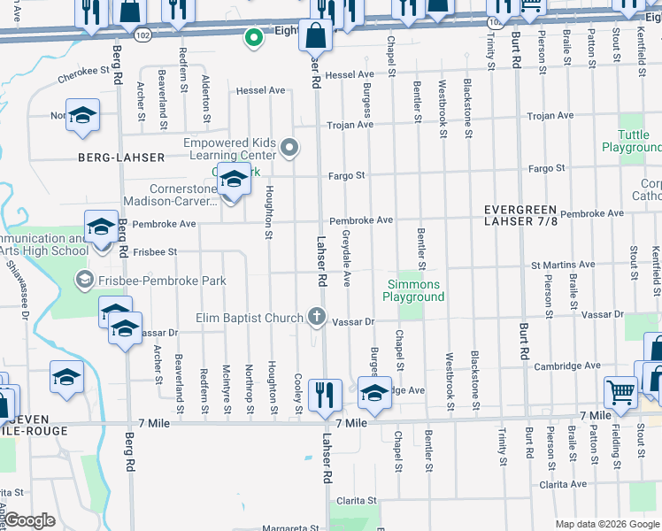 map of restaurants, bars, coffee shops, grocery stores, and more near 19727 Greydale Avenue in Detroit