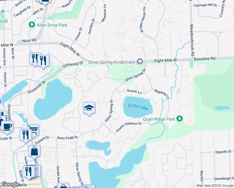 map of restaurants, bars, coffee shops, grocery stores, and more near 42121 Scenic Lane in Northville