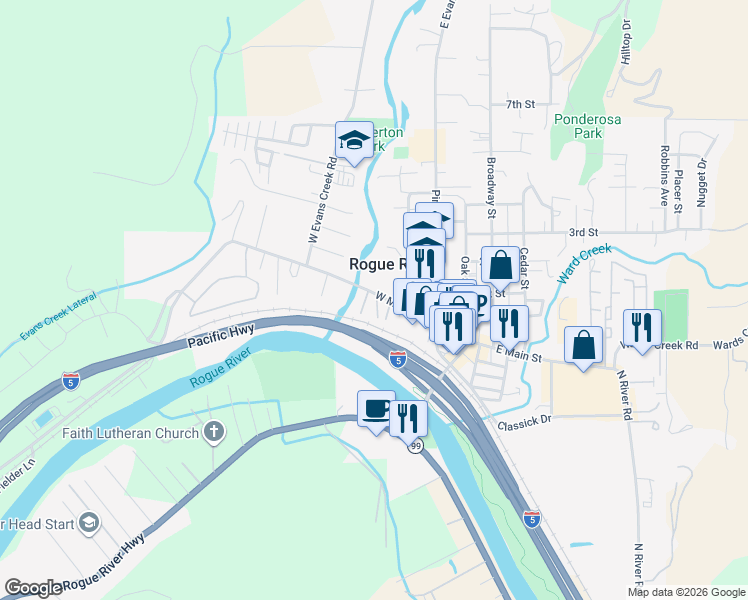 map of restaurants, bars, coffee shops, grocery stores, and more near 210A West Main Street in Rogue River