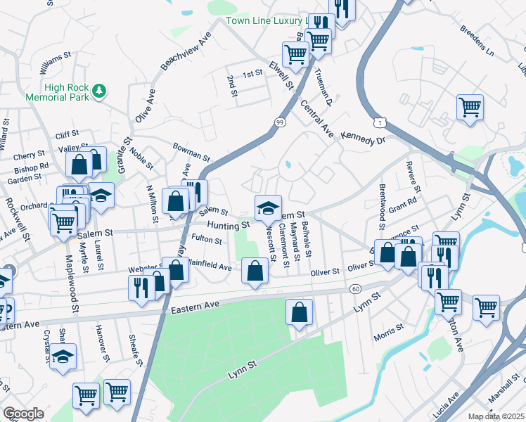 map of restaurants, bars, coffee shops, grocery stores, and more near 1078 Salem Street in Malden