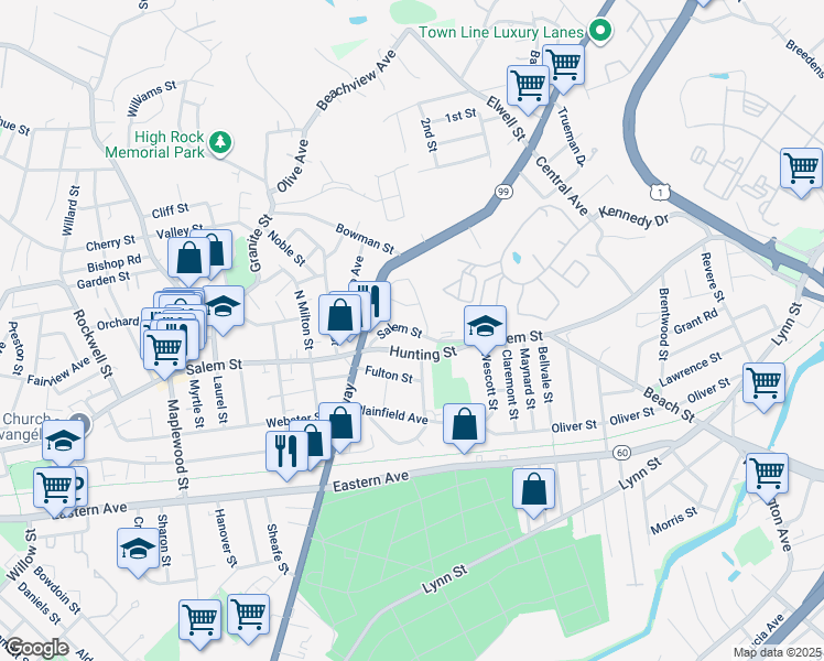 map of restaurants, bars, coffee shops, grocery stores, and more near 1000 Salem Street in Malden