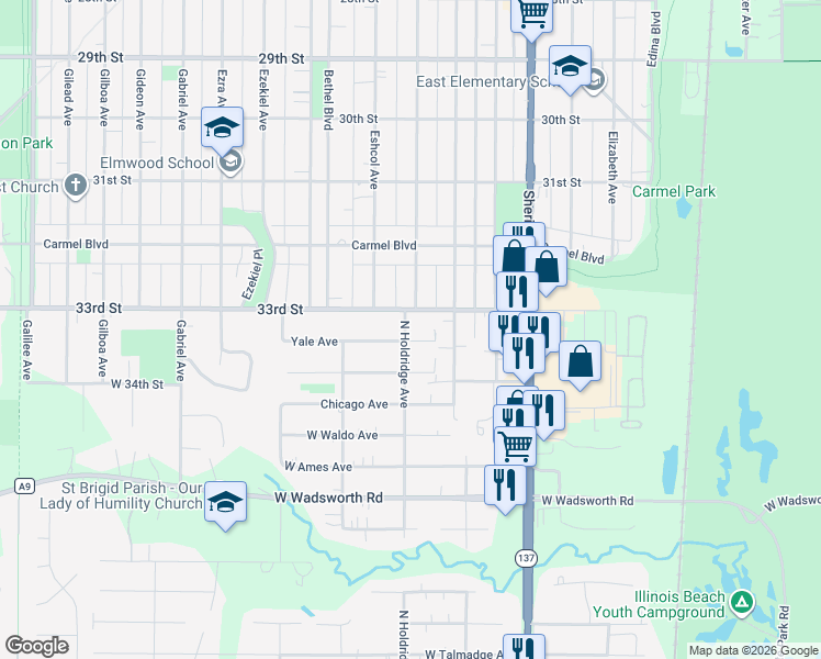 map of restaurants, bars, coffee shops, grocery stores, and more near 1513 33rd Street in Zion