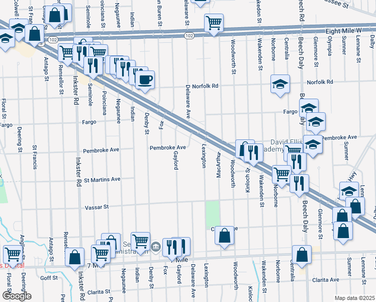 map of restaurants, bars, coffee shops, grocery stores, and more near 26605 Pembroke Avenue in Redford Charter Township