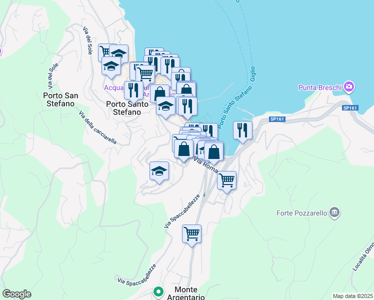 map of restaurants, bars, coffee shops, grocery stores, and more near 43 Via Panoramica in Porto Santo Stefano