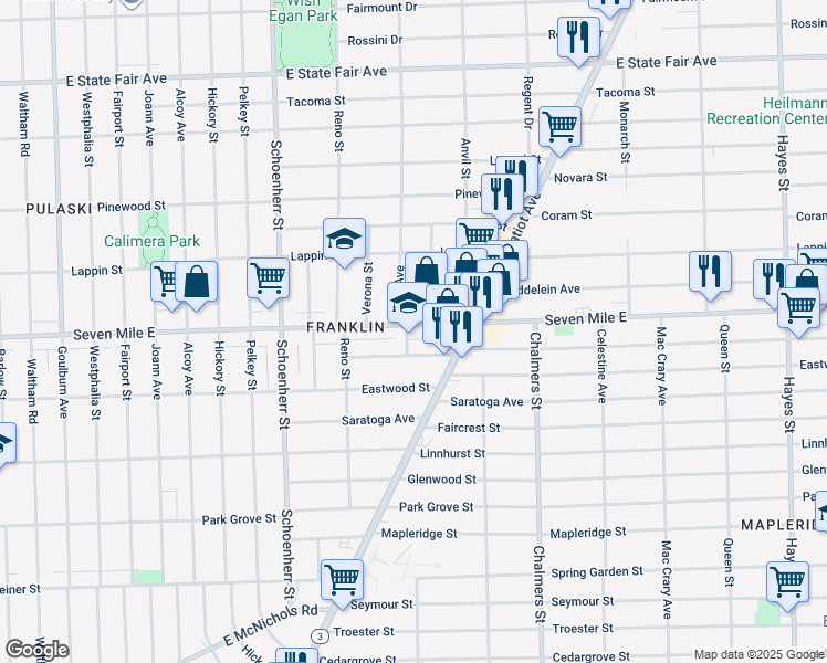 map of restaurants, bars, coffee shops, grocery stores, and more near 14120 Seven Mile East in Detroit