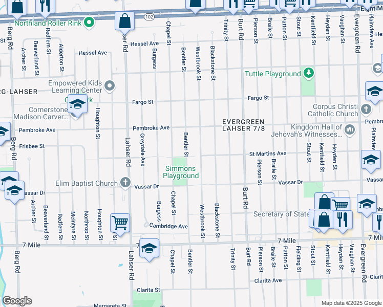 map of restaurants, bars, coffee shops, grocery stores, and more near 19721 Westbrook Street in Detroit