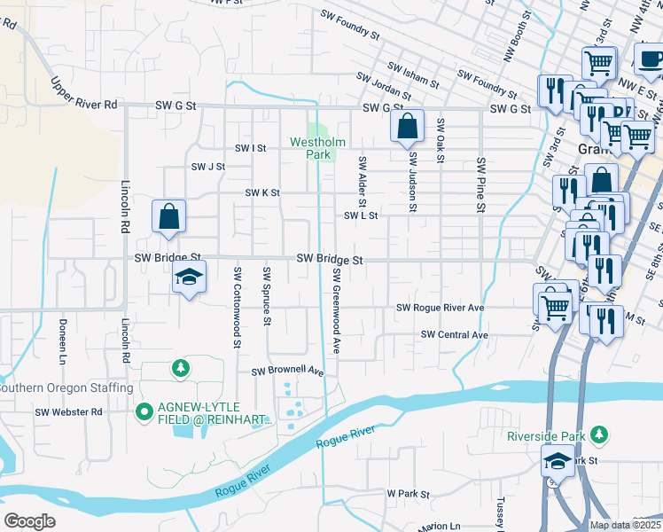 map of restaurants, bars, coffee shops, grocery stores, and more near 1403 Southwest Bridge Street in Grants Pass