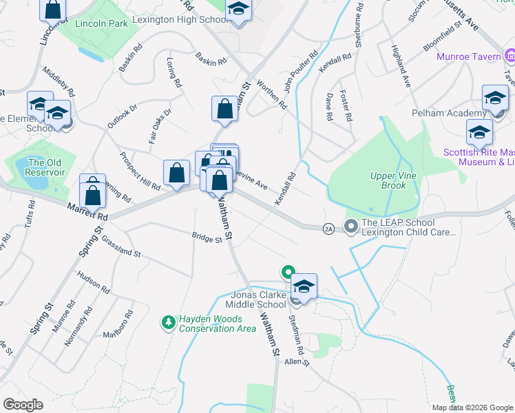 map of restaurants, bars, coffee shops, grocery stores, and more near 283 Marrett Road in Lexington
