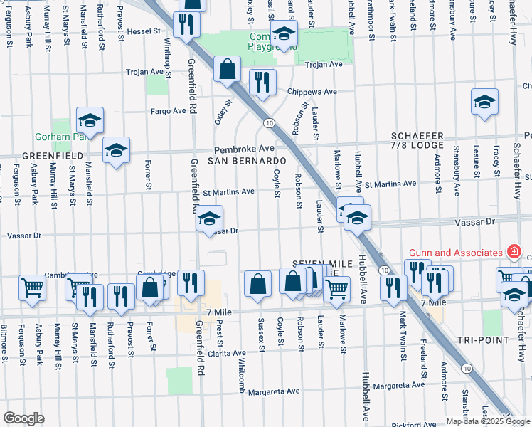 map of restaurants, bars, coffee shops, grocery stores, and more near 19452 Sussex Street in Detroit