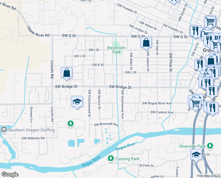 map of restaurants, bars, coffee shops, grocery stores, and more near 1435 Southwest Bridge Street in Grants Pass
