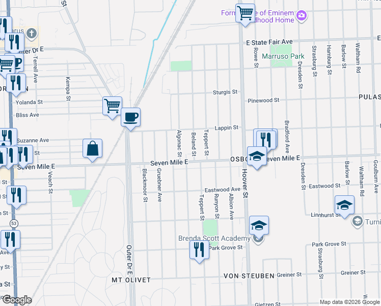 map of restaurants, bars, coffee shops, grocery stores, and more near in Detroit