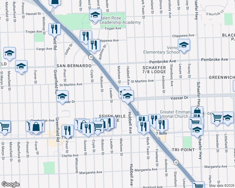 map of restaurants, bars, coffee shops, grocery stores, and more near 19449 James Couzens Freeway in Detroit