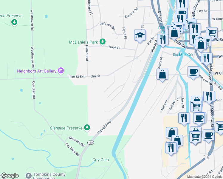 map of restaurants, bars, coffee shops, grocery stores, and more near 21 West Village Place in Ithaca